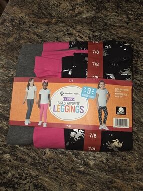 Member's Mark Girls' 3-Pack Leggings - Pink, Gray & Black Unicorn Print (7/8)
